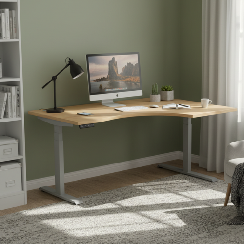 LEAP Electric Dual Motor Height Adjustable Radial Right Hand Sit Stand Desk Portal Top W1600xD1200/800xH620-1270mm Beech Top Silver Frame 10 Year Warranty